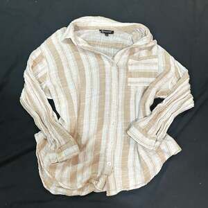 G Collection Striped Button Down Linen Blend Gauze Shirt